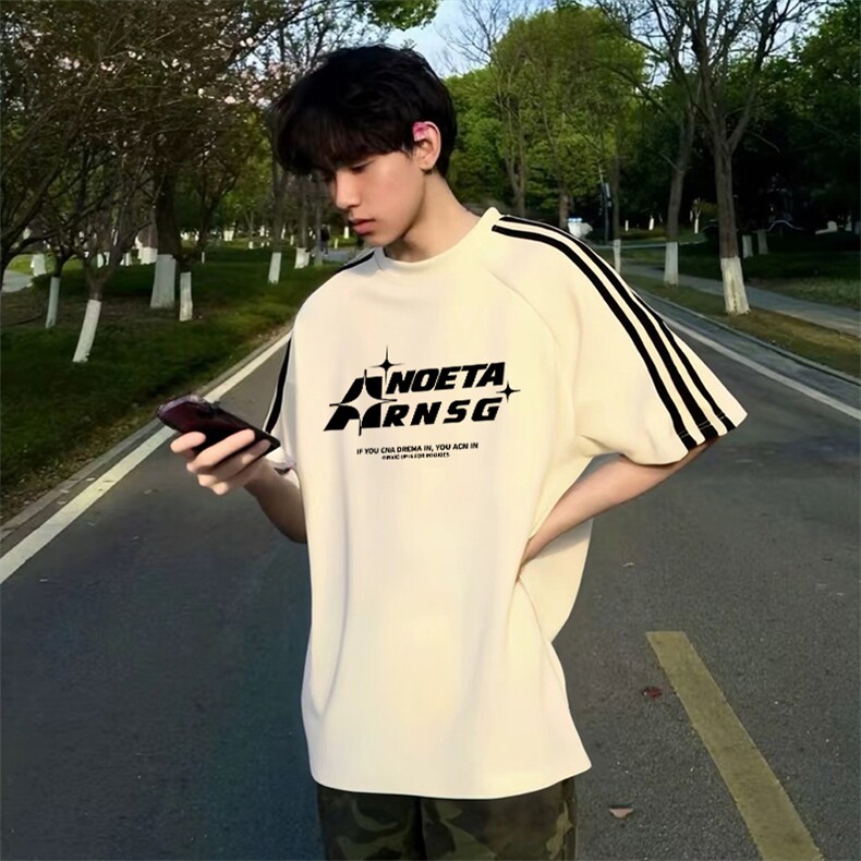 抖音得物品质二开240克宽松纯棉美式潮牌印花三条杠中性风短袖T恤,男装T恤,电商A486-1