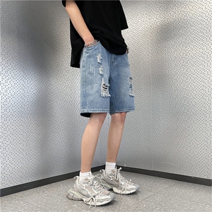美式复古水洗破洞牛仔短裤夏季新款宽松休闲百搭五分裤图片