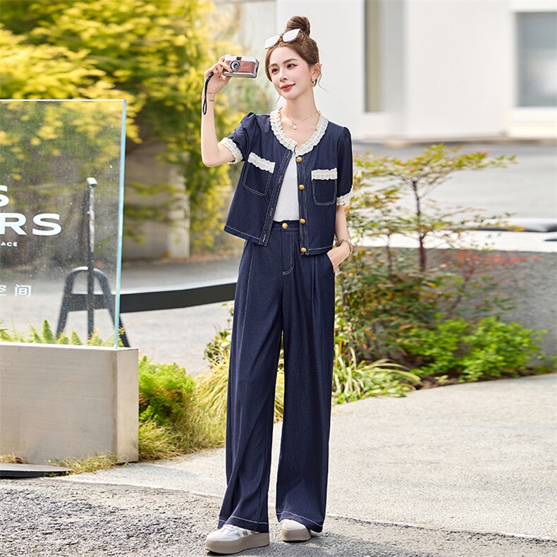 牛仔套装女2025夏新款韩系高级感小香风气质减龄阔腿裤穿搭一整套,女装套装/套裙,魅影