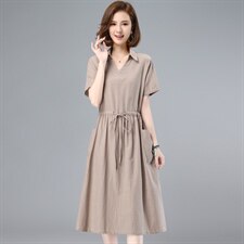 2021夏季新款简约时尚气质V型翻领抽绳系带收腰中长款连衣裙，女装连衣裙，鑫鑫格