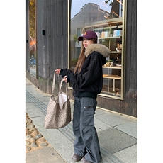 现货重磅boxy短款棉衣座山雕大毛毛领男女棉服水洗工装厚外套，男装棉衣，电商A486