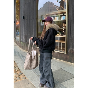 现货重磅boxy短款棉衣座山雕大毛毛领男女棉服水洗工装厚外套图片