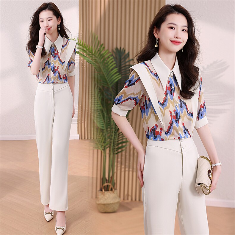 2024新款夏季时尚气质拼接女两件套裤韩版减龄洋气潮流显瘦套装，女装套装/套裙，尚洛菲