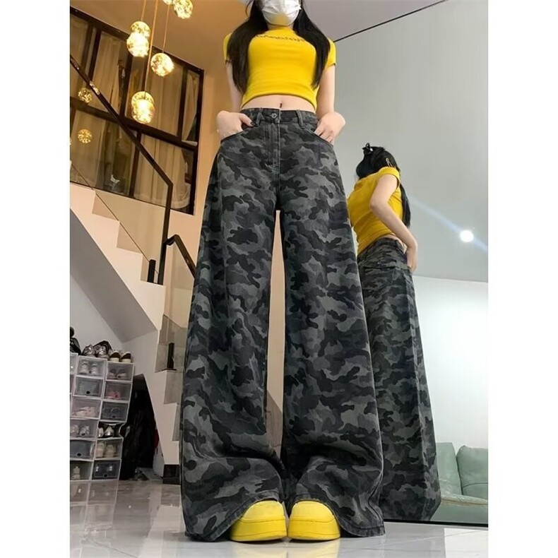 266-P35 大码美式复古高街迷彩牛仔裤女2025新款高腰宽松图片