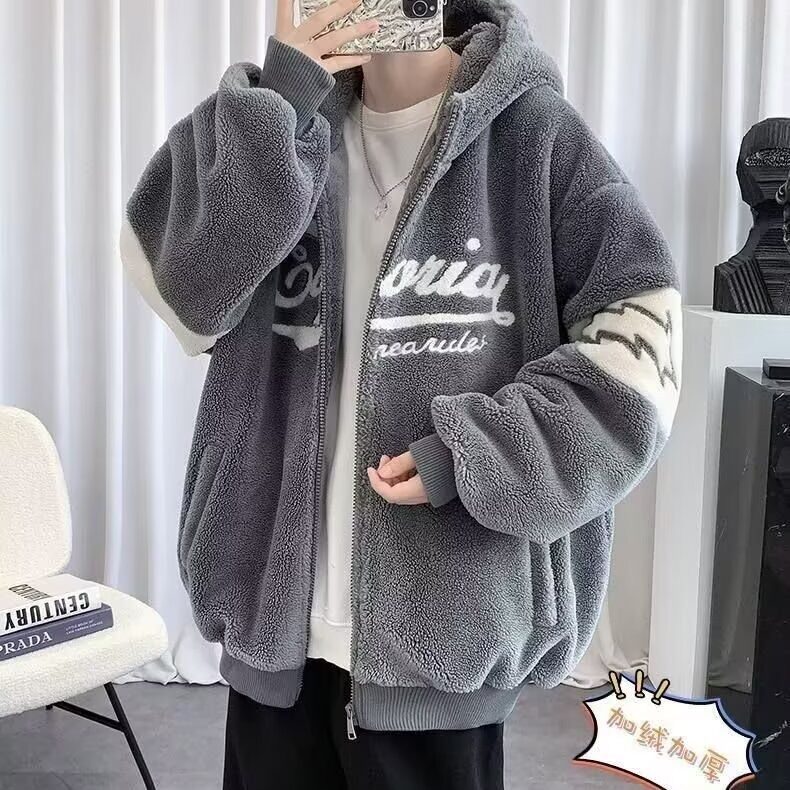 羊羔绒外套男秋冬季加厚连帽棉服青少年冬装潮牌宽松棉衣夹克,男装夹克,星座1210-1