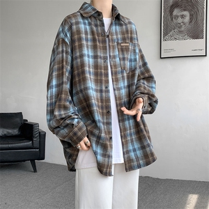 衬衫男春季新款港风宽松大码磨毛格子长袖衬衣CS618-P35图片