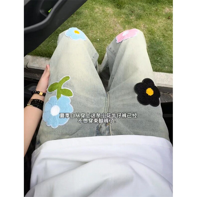 美式高街花朵刺绣微喇牛仔裤宽松直筒休闲水洗设计感长裤NKK10P55,男装牛仔裤,电商D256