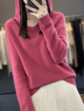 v领新款针织女长袖纯色简约百搭宽松套头连帽，女装针织衫/毛衣，戎洋