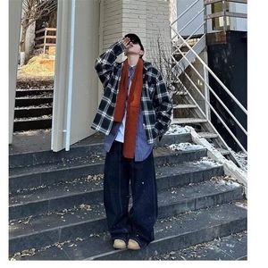 美式复古丹宁蓝阔腿弯刀牛仔裤男解构宽松直筒宽松休闲长裤子潮牌图片