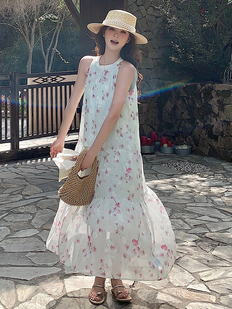 高级感海边度假扎染印花无袖露肩挂脖长裙女夏新款温柔茶歇连衣裙,女装连衣裙,浙宝305