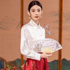 芷墨春季新款复古通勤百搭新中式衬衫简约纯色宽松立领衬衫上衣女，女装衬衫，芷墨服饰