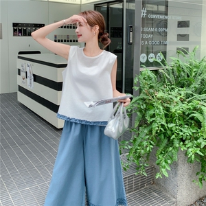 韩版温柔甜美木耳边背心套装女2025夏季新款显瘦撞色阔腿裤两件套图片