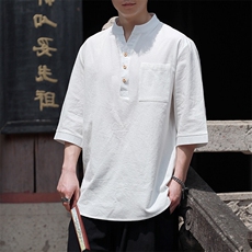 现货新中式大码立领钉扣纯色棉麻男士衬衫MT2301-P45控69，男装衬衫，电商A021