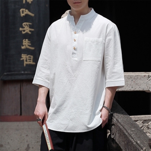 现货 新中式大码立领钉扣纯色棉麻男士衬衫MT2301-P45控69图片