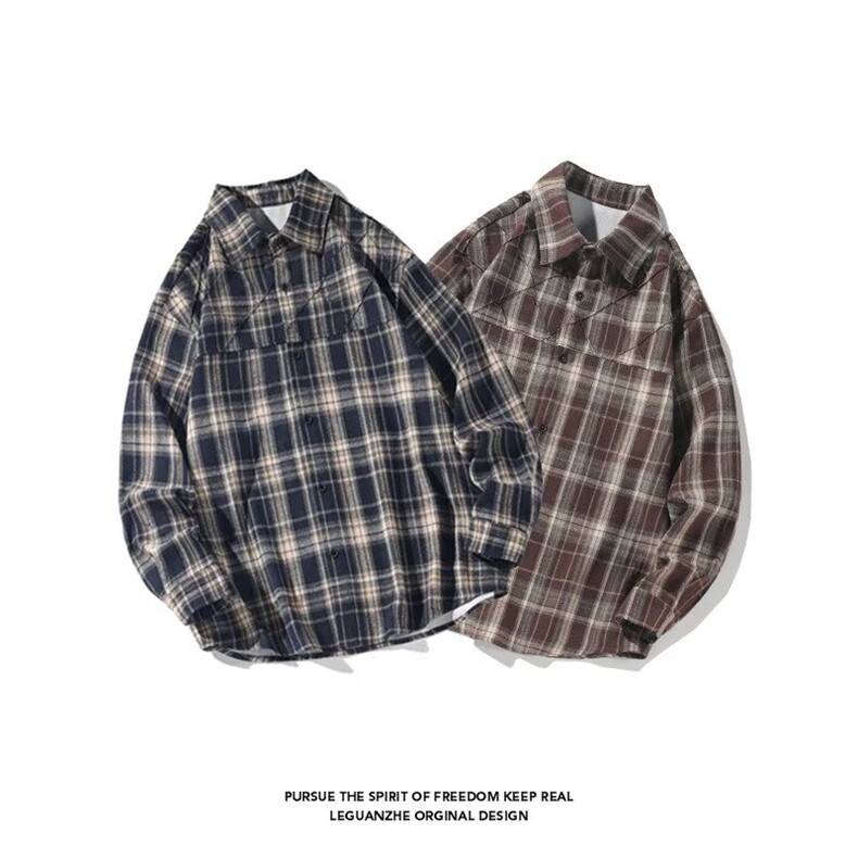 XX27-P43格子衬衫男翻领春季新款青少年美式复古风，男装衬衫，电商B323A