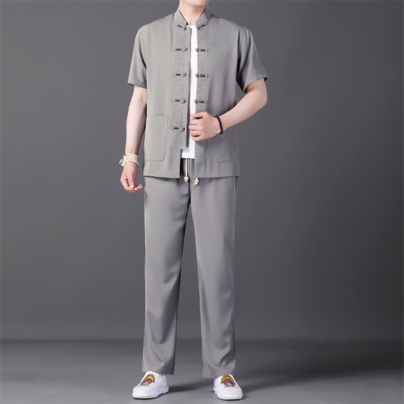 唐装男风两件套夏季中老年男士爸爸夏装短袖中式汉服刺绣盘扣,男装民族服装,电商B212（原钱塘6029）