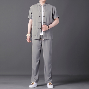 唐装男风两件套夏季中老年男士爸爸夏装短袖中式汉服刺绣盘扣图片