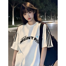 抖音得物高品质二开240克宽松纯棉美式潮牌三条杠织带短袖T恤，男装T恤，电商A486-1