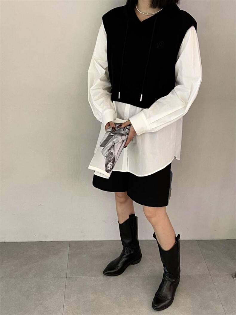 雷洛奇丽—秋装带帽拼接衬衫，女装衬衫，雷洛奇丽