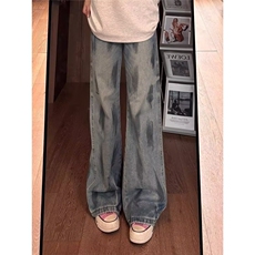 复古涂鸦牛仔裤男秋季美式高街vibe裤子弯刀宽松阔腿裤L91455-P46，男装牛仔裤，星座1008