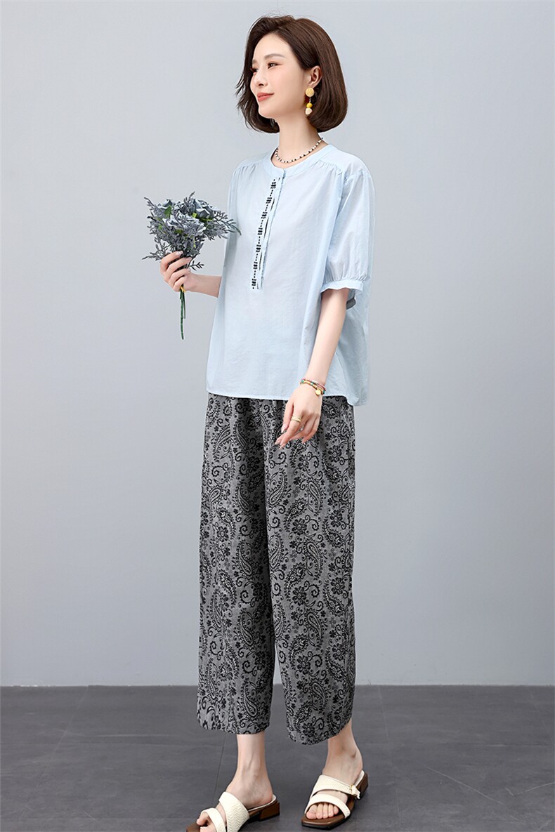 叶笙衣套装2538-135宽松刺绣T恤复古水洗裤套装,女装套装/套裙,叶笙衣