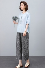 叶笙衣套装2538-135宽松刺绣T恤复古水洗裤套装，女装套装/套裙，叶笙衣