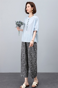 叶笙衣套装2538-135宽松刺绣T恤复古水洗裤套装图片