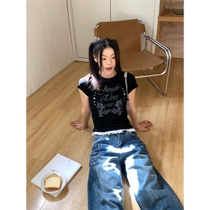 美式复古蕾丝边正肩短袖T恤女2025夏季辣妹修身短款打底衫上衣潮图片