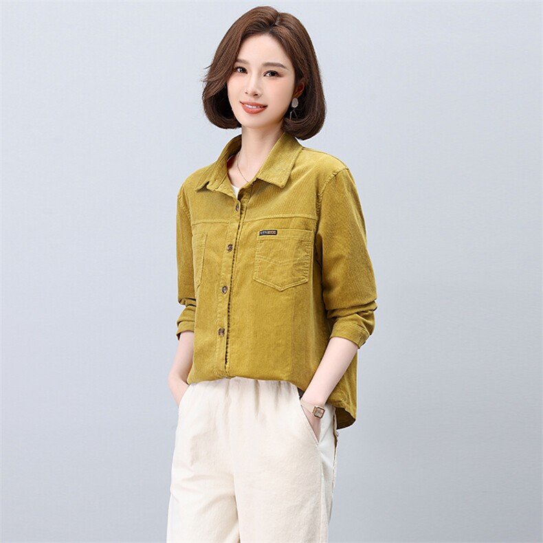 灯芯绒长袖衬衫女春秋新款大码宽松中年妈妈短款休闲衬衣外套,女装短外套,曼沙奕珂