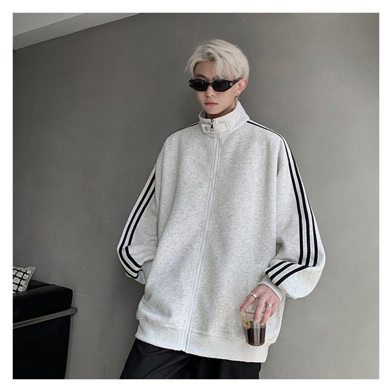 秋季380克全棉宽松条纹拉链套头卫衣立领POLO衫外套AH914-P42,男装Polo衫,四季星座610B