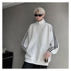 秋季380克全棉宽松条纹拉链套头卫衣立领POLO衫外套AH914-P42图片
