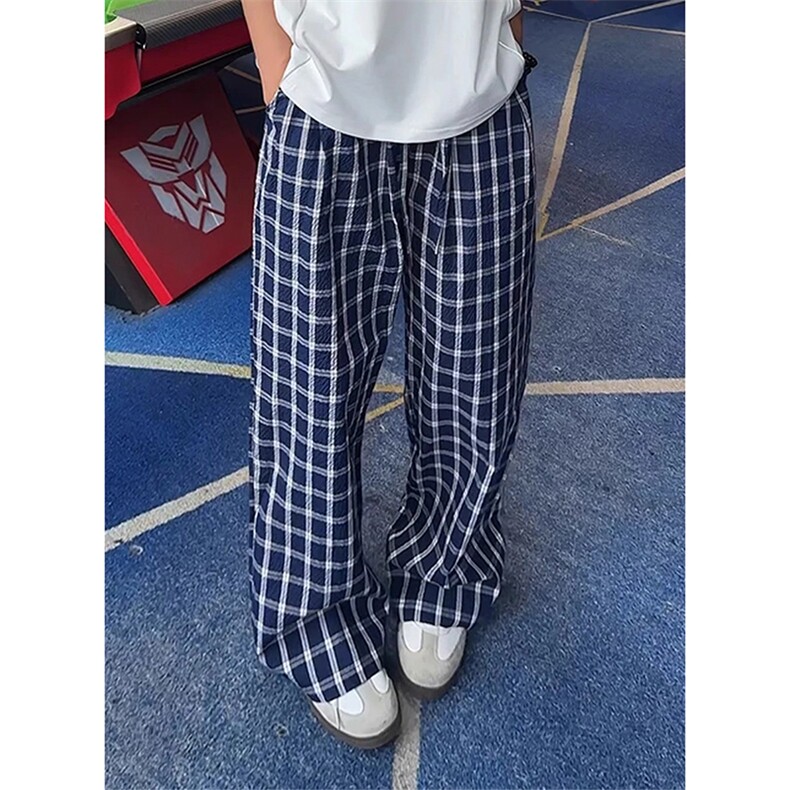 美式高街潮牌男女泡泡格子休闲裤直筒宽松慵懒显瘦阔腿休闲长裤子，男装休闲裤，电商A443