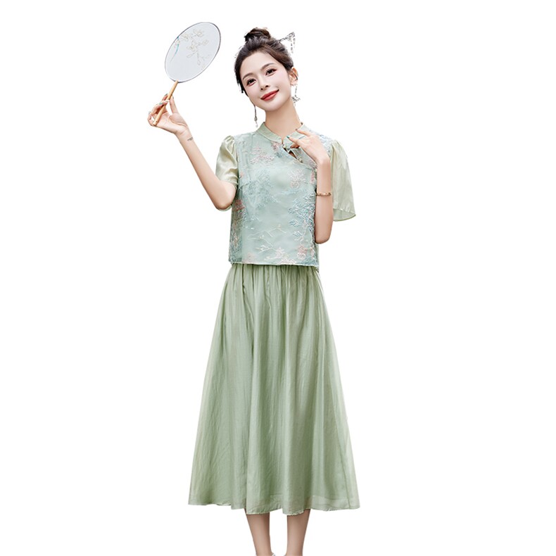 新中式复古印花套装女2024夏季新款宽松国风旗袍上衣半身裙两件套,女装套装/套裙,橙子家