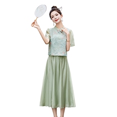 新中式复古印花套装女2024夏季新款宽松国风旗袍上衣半身裙两件套，女装套装/套裙，橙子家