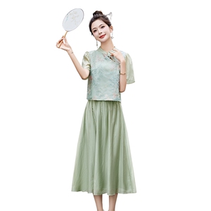 新中式复古印花套装女2024夏季新款宽松国风旗袍上衣半身裙两件套图片