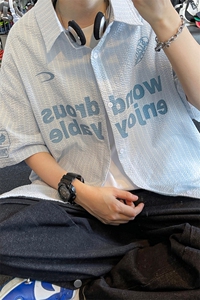 夏季新款短袖衬条纹衫拼色设计感休闲个性衬衣DC2236-特价P40图片