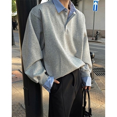 抖音得物高品质26春装美式高街假两件衬衫领长袖卫衣POLO领打底衫，男装T恤，电商A486