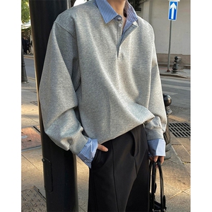 抖音得物高品质26春装美式高街假两件衬衫领长袖卫衣POLO领打底衫图片