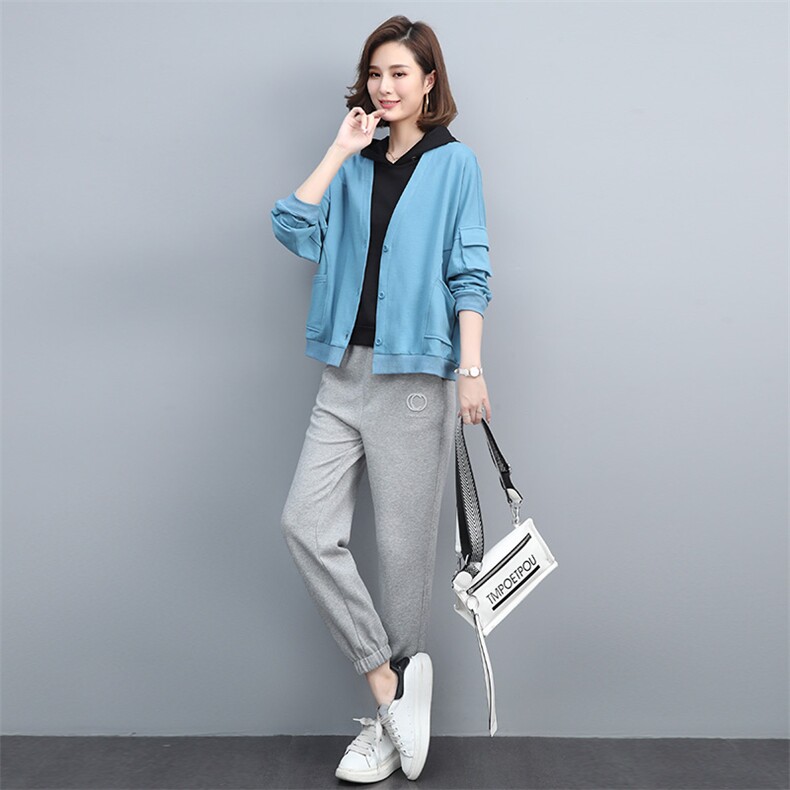 2021春季新款时尚V领休闲宽松舒适卫衣两件套,女装套装/套裙,玛其路
