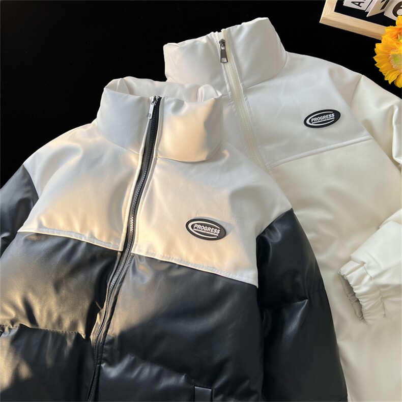 pu皮拼接面包服棉服情侣冬季加厚棉衣加厚外套MY266特P95控158,男装皮衣,电商B370