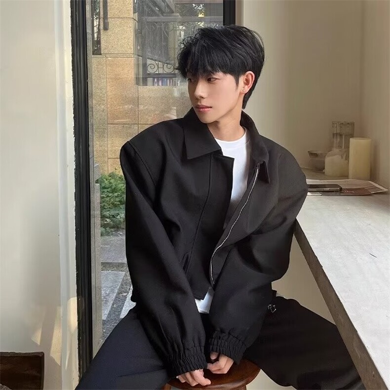网图黑色短款垫肩外套男潮牌痞帅飞行员夹克1001-1-W243-P75,男装夹克,星座1001-1