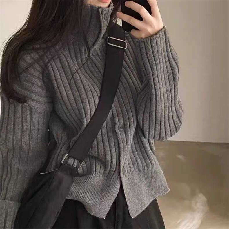 法式宽松短款高领加厚针织开衫女秋冬气质毛衣外套羊毛上衣,女装羊毛衫,悦玛羊绒