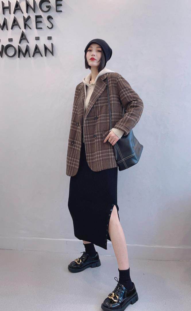 （现货）秋季新款，韩板格子羊绒大衣，其它，雅克赛奇