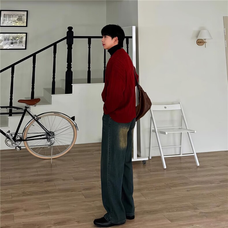 复古男女秋冬针织外套宽松V领加厚凤凰绒酒红色毛衣V18-P49网图,男装针织衫/毛衣,电商B245
