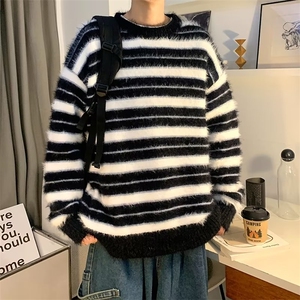 复古条纹蓝色毛衣男秋冬款韩版慵懒潮牌宽松针织衫上衣MZ848-P57图片