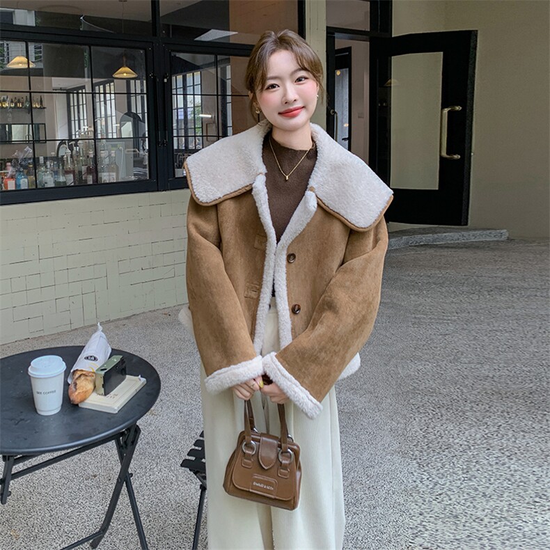 咖色羊羔毛宽松学院风皮毛一体外套韩系减龄棉服6086P195K288，女装棉衣/棉服，维壹