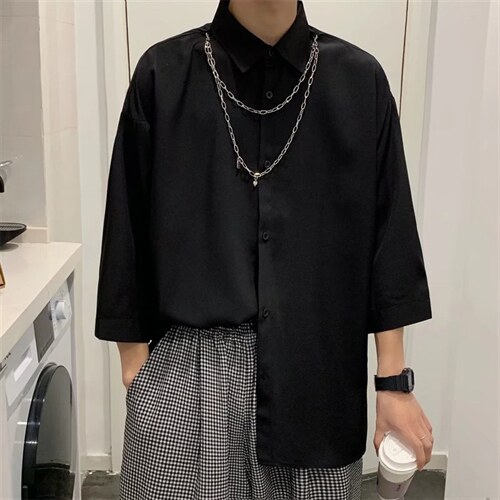 方领时尚潮百搭青春流行衬衫男七分袖送项链C606P32图片
