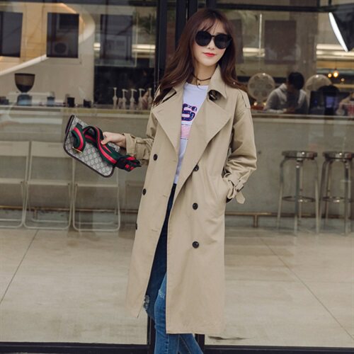 1805款韩版2024秋装新款双排扣修身中长款风衣女卡其色小个子外套，女装风衣，红依娜