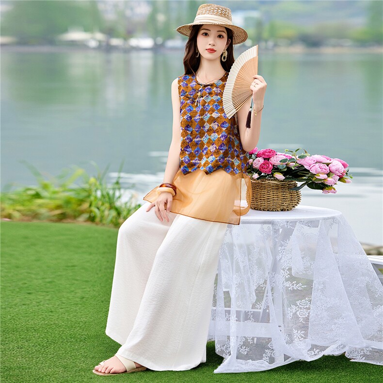 新中式夏季套装女2026新款高级感小个子时尚气质阔腿裤两件套,女装套装/套裙,米尚