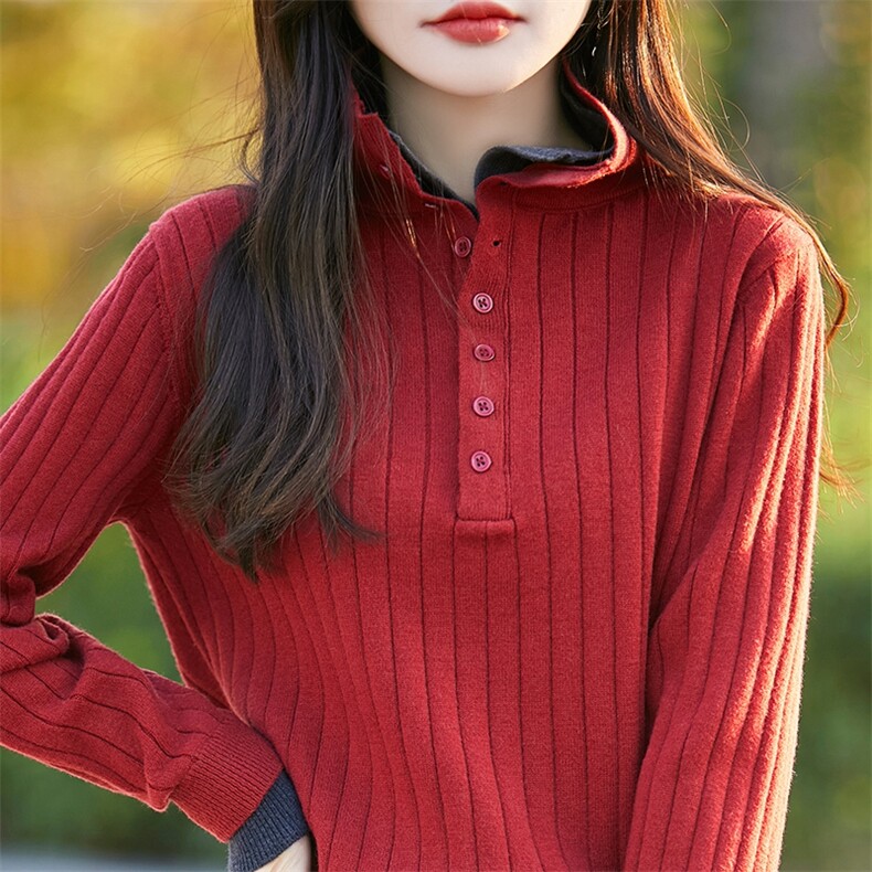 女士秋冬坑条半开双领套头长袖羊毛衫,女装羊毛衫,暖烁羊绒